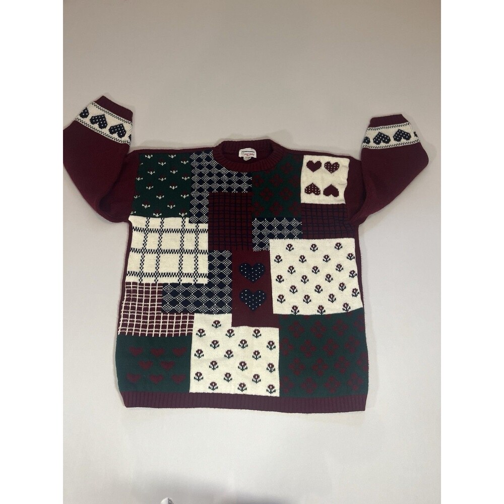 Vintage New Addition Maternity Patchwork Sweater Medium | Burgundy Cottagecore - Picture 10 of 14